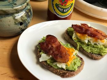 High angle view of breakfast served on table