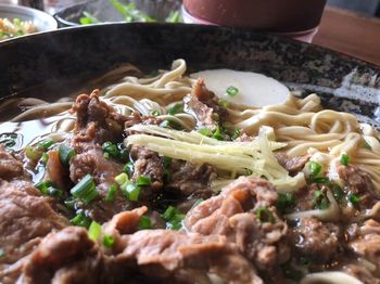 Close-up of meal served on table