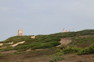 Lighthouse on grassy field