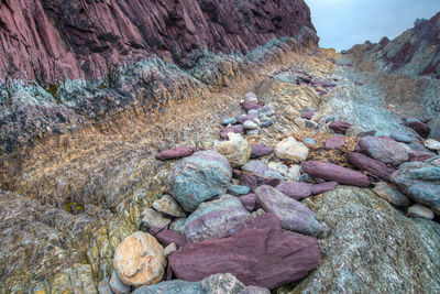 Colorful geologic rock formations on sea shore