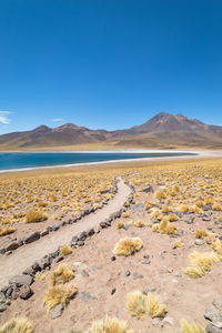 Scenic view of lake and mountains against clear blue sky