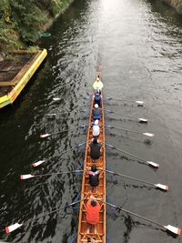 High angle view of people on boat in river