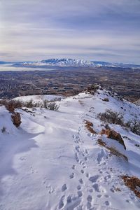 Aerial view of snow covered landscape against sky