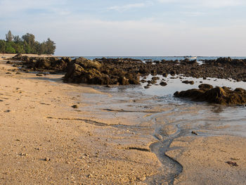 Rocks on beach against sky