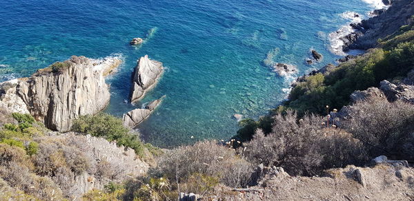 High angle view of rocks on beach