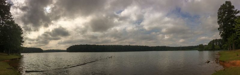 Scenic view of lake against cloudy sky