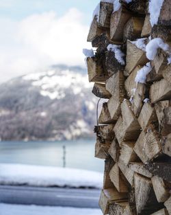 Close-up of logs on snow covered mountain against sky