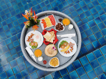 High angle view of breakfast served on table