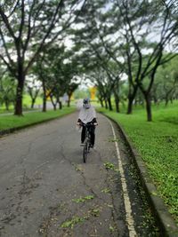 Rear view of man riding bicycle on road