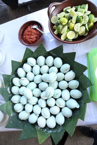 High angle view of vegetables in bowl on table