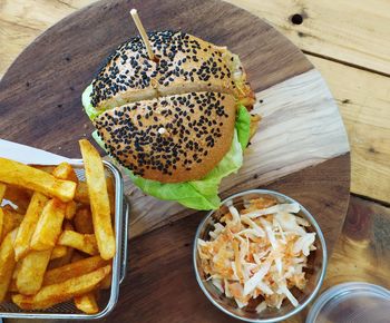 High angle view of food on table