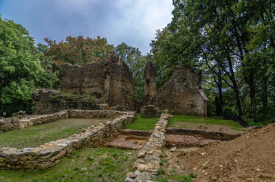 Old ruin amidst trees in forest against sky