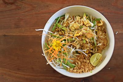 High angle view of salad in bowl on table