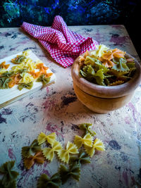 High angle view of chopped fruits on table