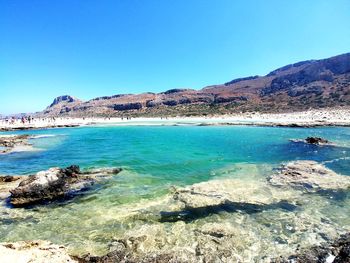 Scenic view of sea against clear blue sky