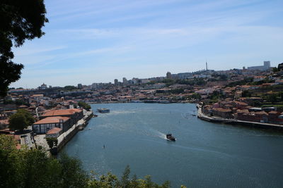 High angle view of townscape by river against sky