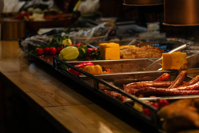 High angle view of food on barbecue grill