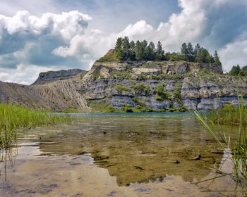 Scenic view of lake and mountains against sky