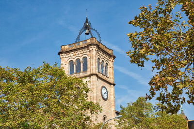 Low angle view of trees and building against sky