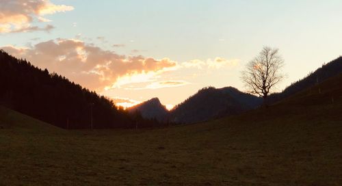 Scenic view of silhouette field against sky during sunset