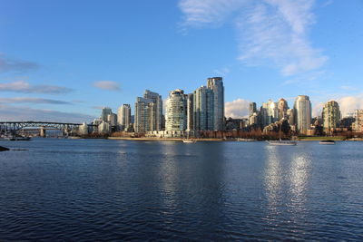 Lake by cityscape against sky 