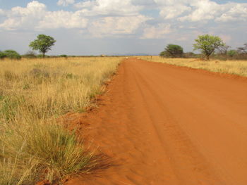 Dirt road amidst field against sky