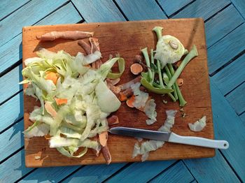 High angle view of vegetable carbage on cutting board