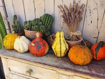 High angle view of pumpkins on table