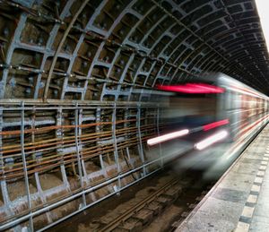 Blurred motion of train on railroad track