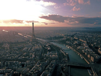 High angle view of city during sunset