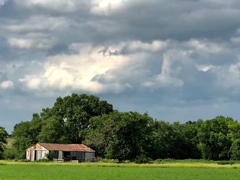 House and trees on field against sky