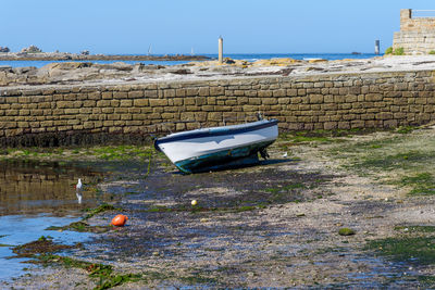 Boat moored on shore against wall