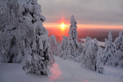 Snow covered landscape against sky during sunset