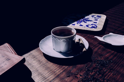 High angle view of coffee on table