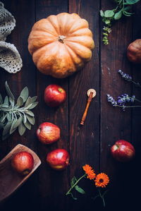 Directly above shot of pumpkins on table