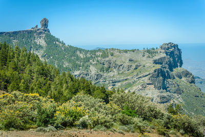 Scenic view of mountains against clear blue sky