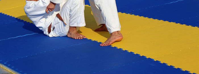 Low section of people playing karate on mat
