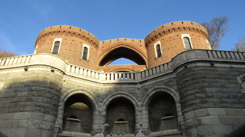 Low angle view of historical building against clear blue sky