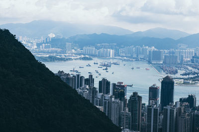 High angle view of city and buildings against sky