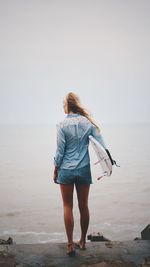 Rear view of woman standing on beach