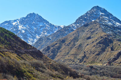 Scenic view of snowcapped mountains against clear sky