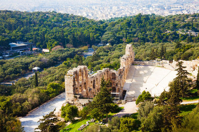 High angle view of trees in city