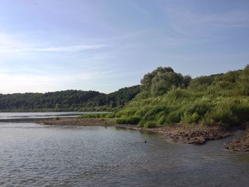Scenic view of river and landscape against sky