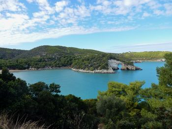 Scenic view of bay against sky