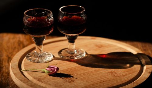 Close-up of wine glasses on table