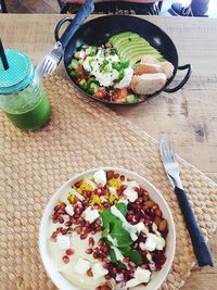 High angle view of breakfast served on table