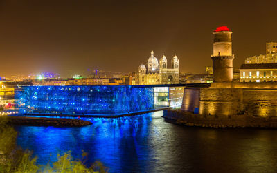 Illuminated buildings in city at night