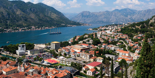 High angle view of townscape by sea against mountain kotor montenegro