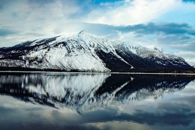 Scenic view of lake by snowcapped mountains against sky