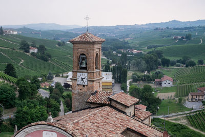 High angle view of bell tower against sky